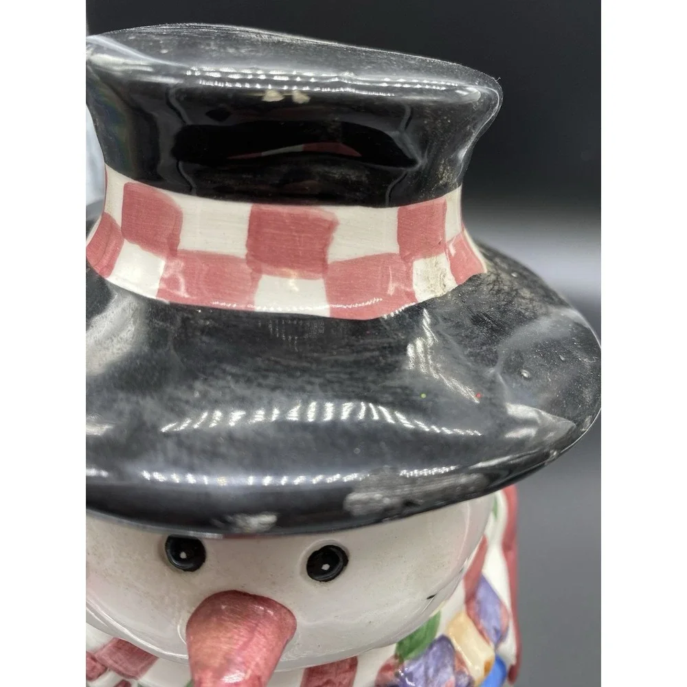 Vintage Snowman Ceramic Cookie Jar Holiday Christmas Decor Black Top Hat Scarf